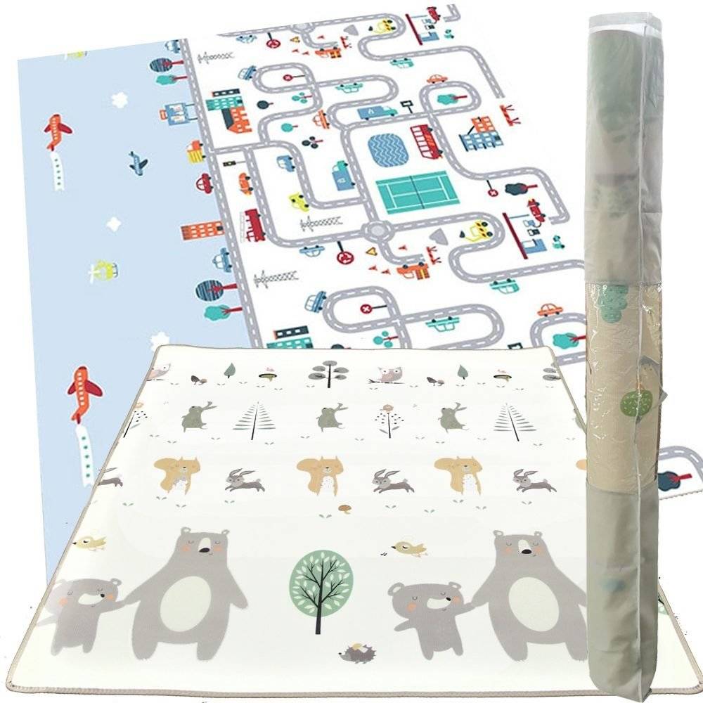 Double-sided foam mat XXL - roll 2 cm (patterns: road and bear & forest)