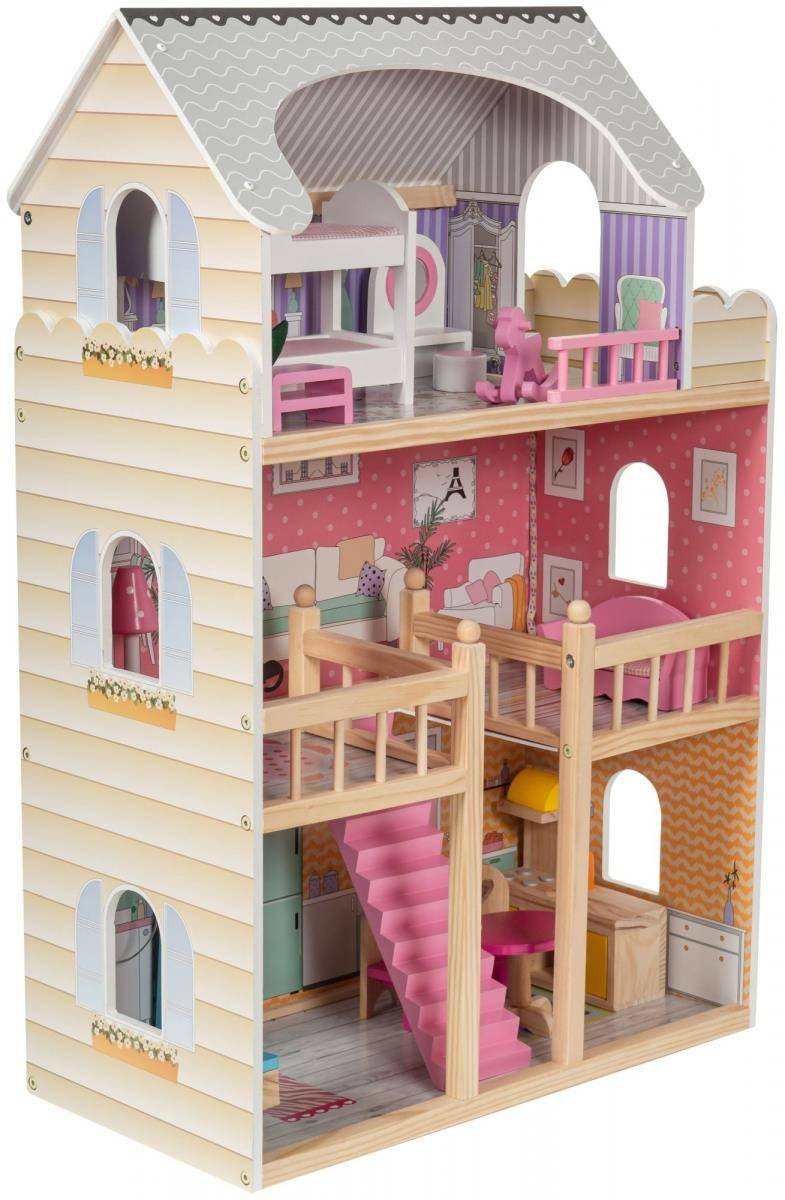 Large, 3-story wooden doll-house with a terrace, a set of furniture and LED lighting!