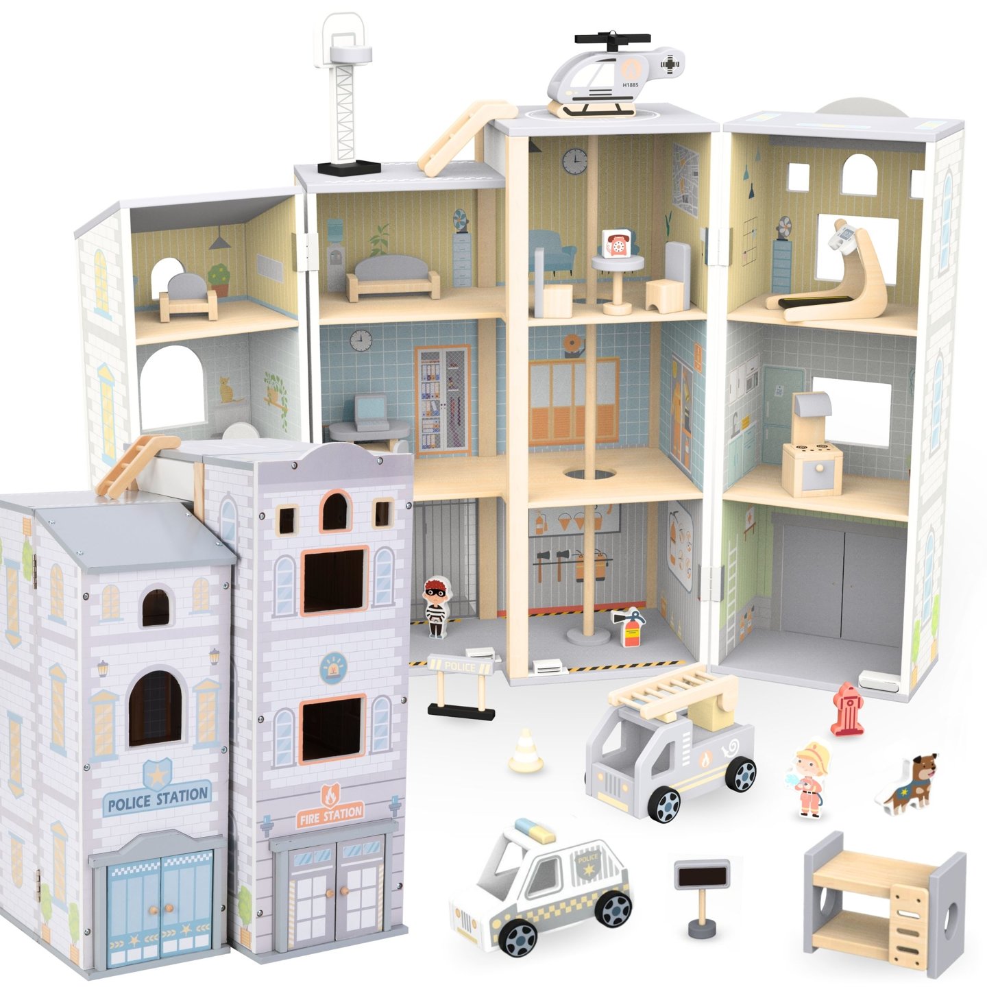 Large folding fire station with police station - wooden set. Fire station and police station with accessories.