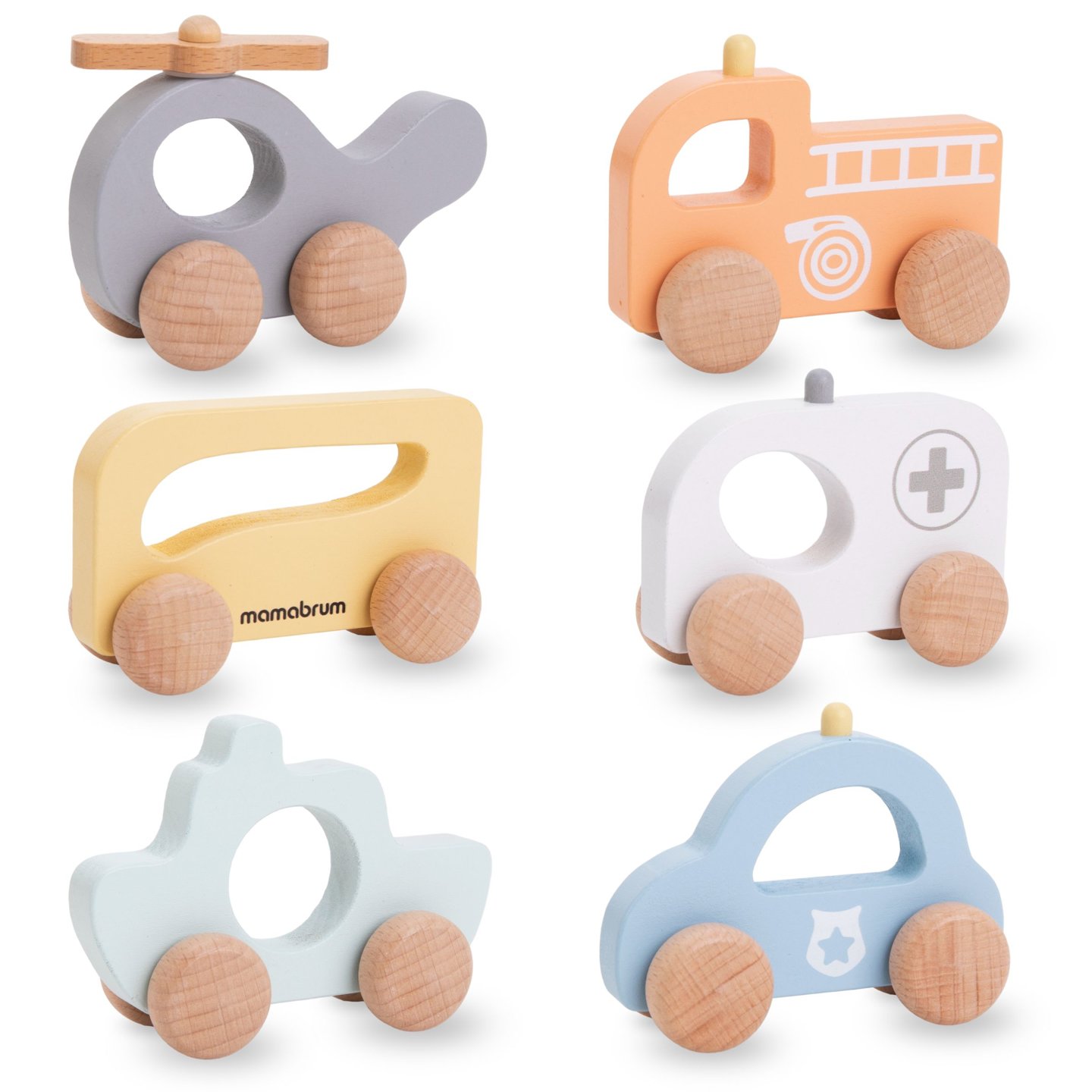 Set of wooden vehicles for children - cars, helicopter, ship