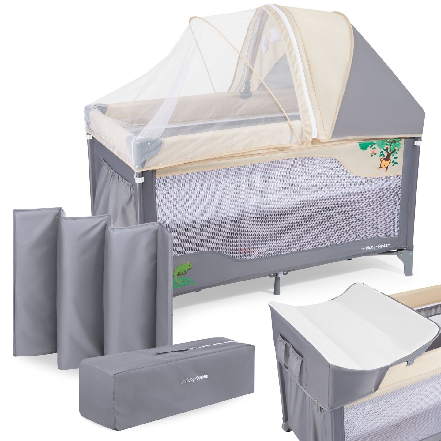 Travel cot 0 - 36 m with changing table + Moby-System HUXLEY playpen