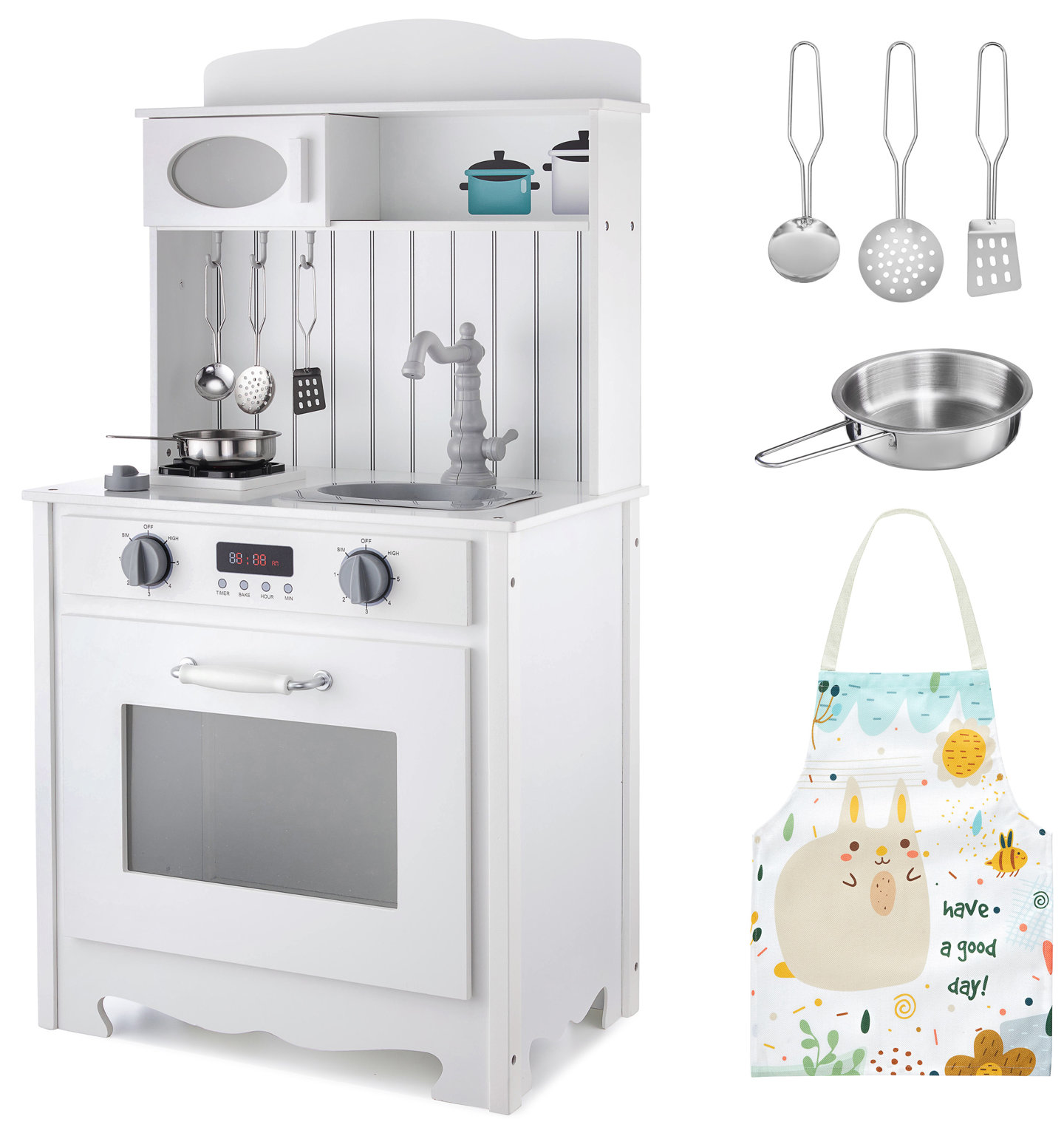 White Wooden Kitchen with apron, accessories and LED lamp
